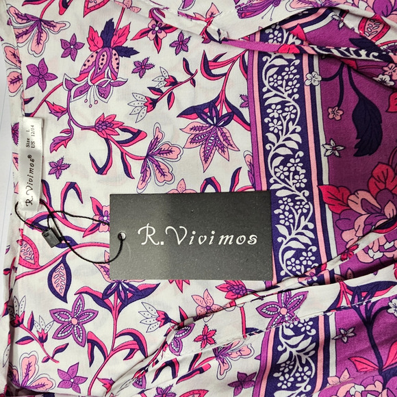 R.vivimos magenta Floral Dress long sleeve Women's size L - Picture 6 of 8